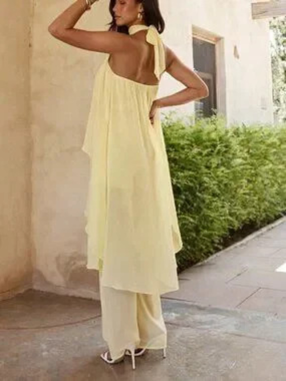 Pale Yellow Casual Women's sheer Halter Jumpsuit